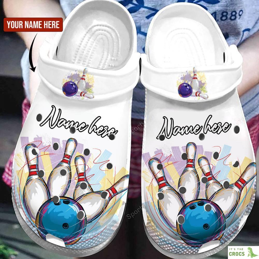 Custom Name White Bowling Strike Clogs Crocs Shoes