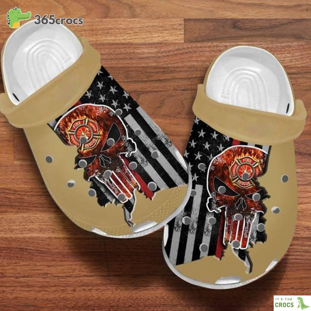 Customized Name Firefighter Skull Maltese Cross Red Line 4Th Of July Halloween Gift Crocs Clog Shoes