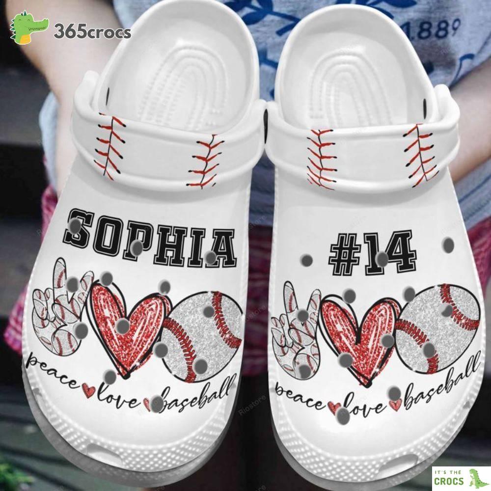 Customized Name Hand Heart Baseball Ball Peace Love Baseball Shoes Crocbland Clog Baseball Lovers Crocs Clog Shoes