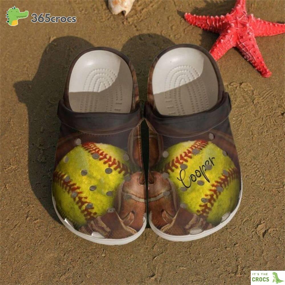 Customized Name Softball Ball And Gloves Softball Lover Birthday Father Son Boyfriend Crocs Clog Shoes