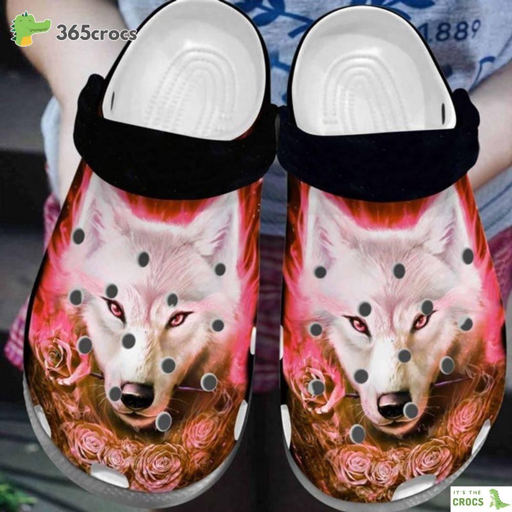 Diamon Wolf And Roses Shoes Wolf Rose Crocbland Clog Birthdaywolf Fans Crocs Clog Shoes