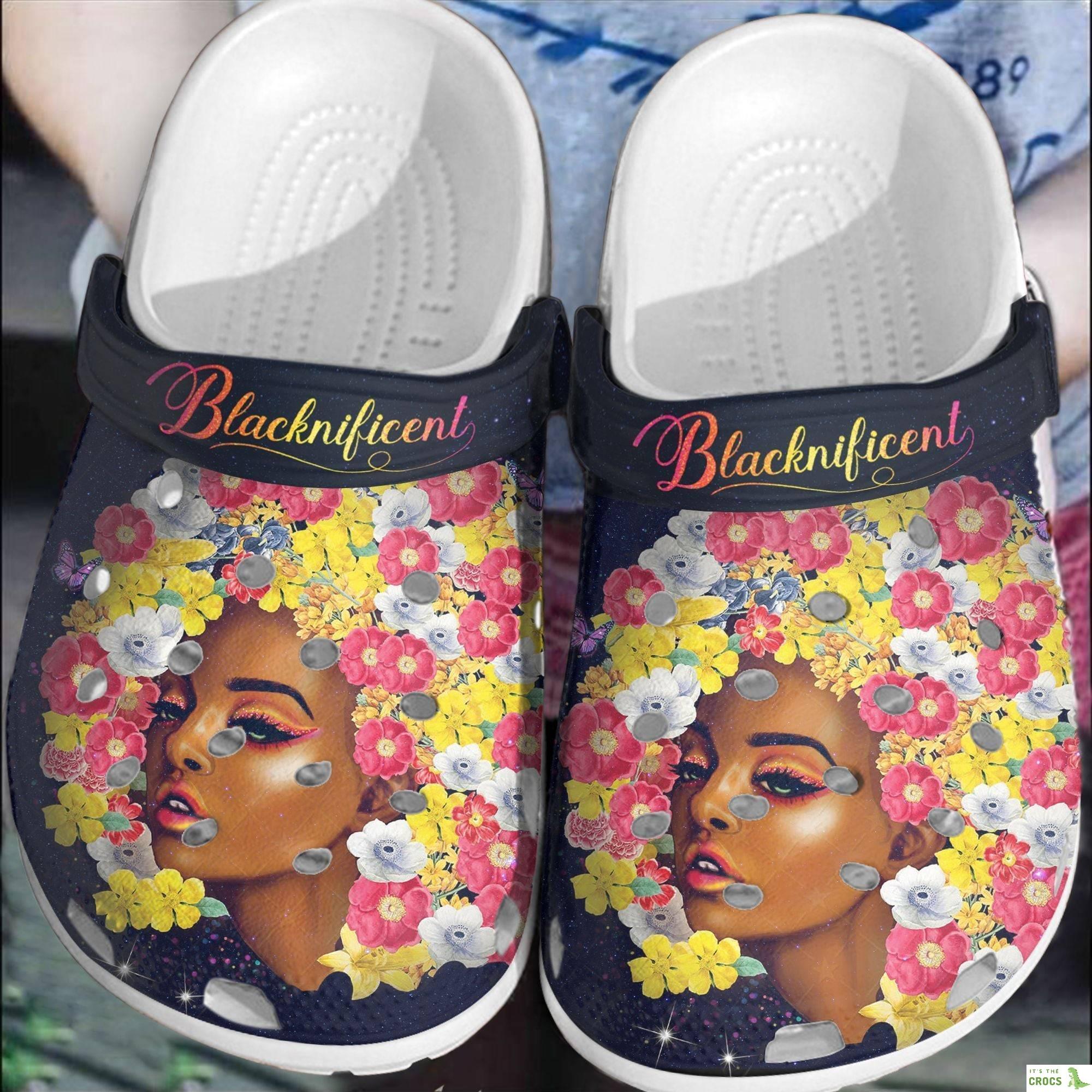 Flower Black Girl Cute Custom Crocs Clog Shoes Thanksgiving Gifts Autumn – Full Of Flower Black Queen Beach Shoe Birthday Gift For Women Girl