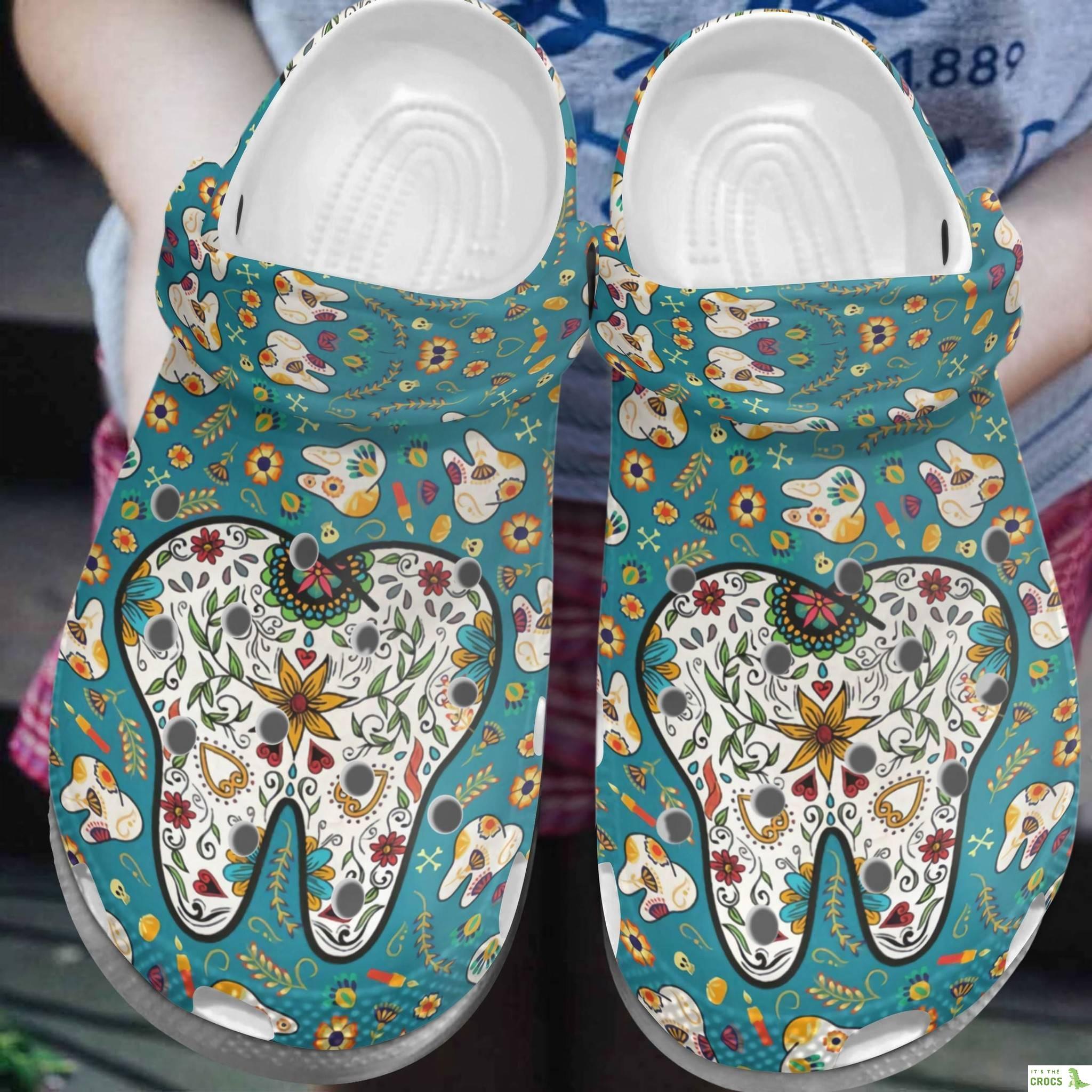 Flower Teeth Crocs Clog Shoes – Cute Tooth Pattern Dentist Custom Shoe Birthday Gift For Boy Girl Men Women