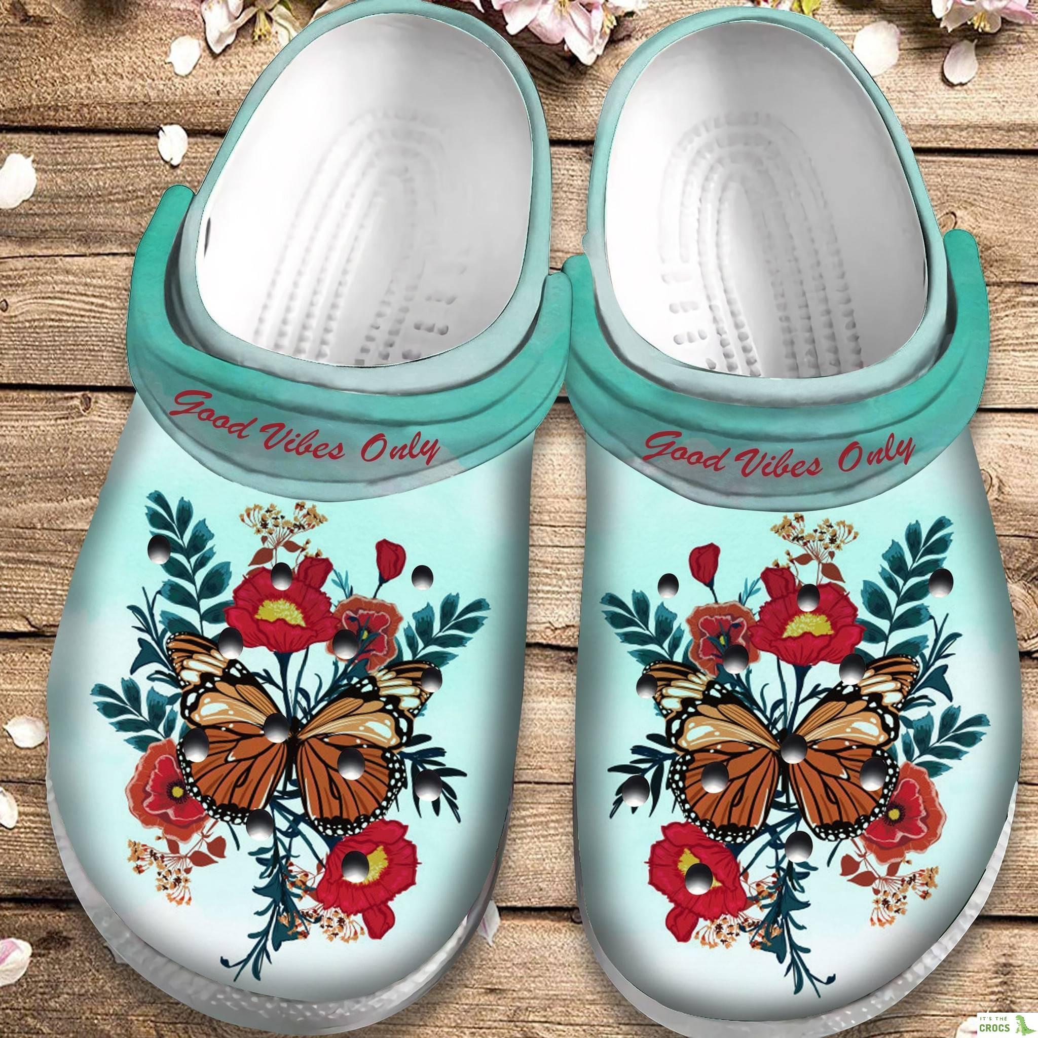 Good Vibes Only Crocs Clog Shoes – Red Flower And Butterfly Outdoor Crocs Clog Shoes Birthday Gift For Women Girl Mother Daughter Sister Friend