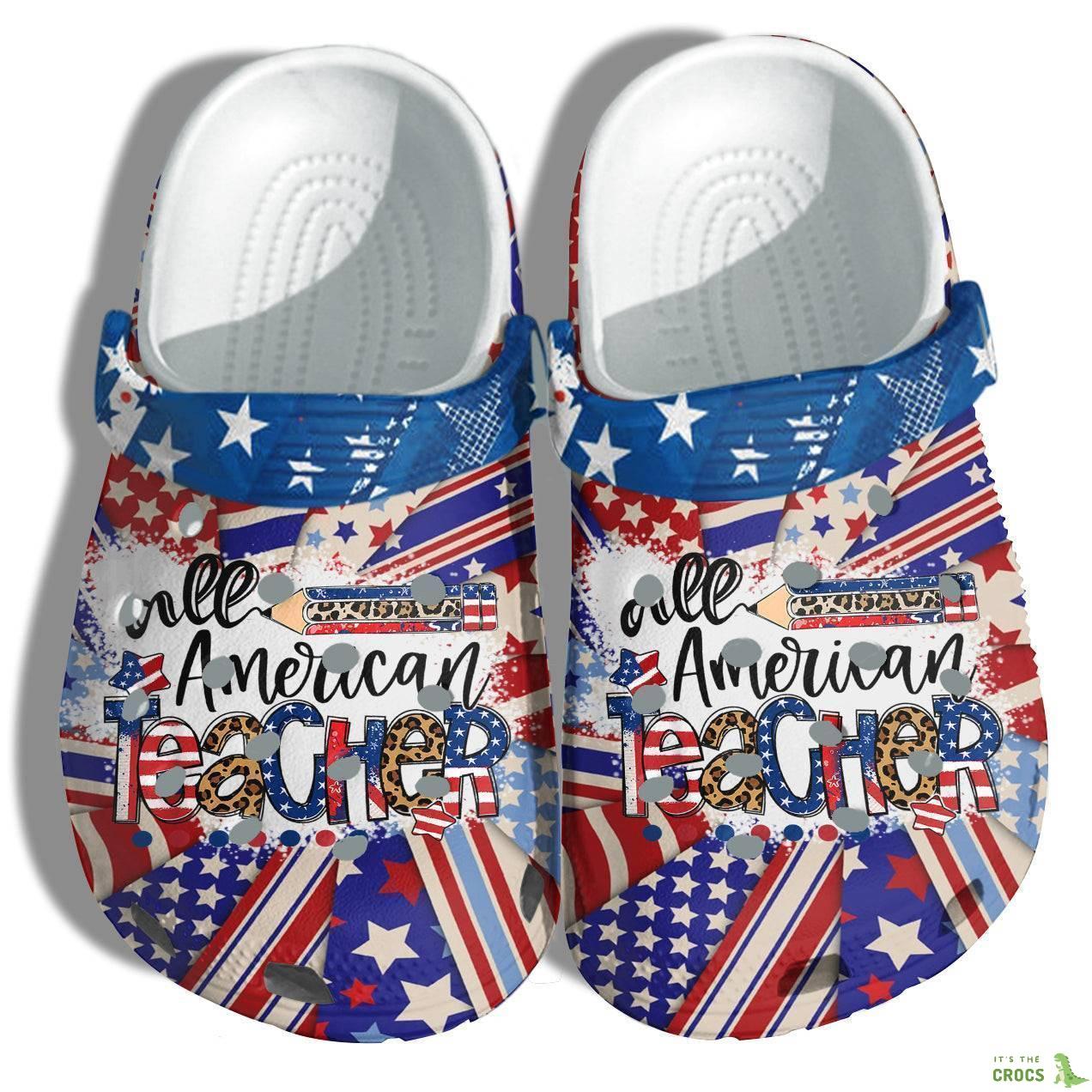 Leopard All American Teacher America Flag Crocs Clog Shoes Gift Women – School Students Class 4Th Of July Crocs Clog Shoes Birthday Gift