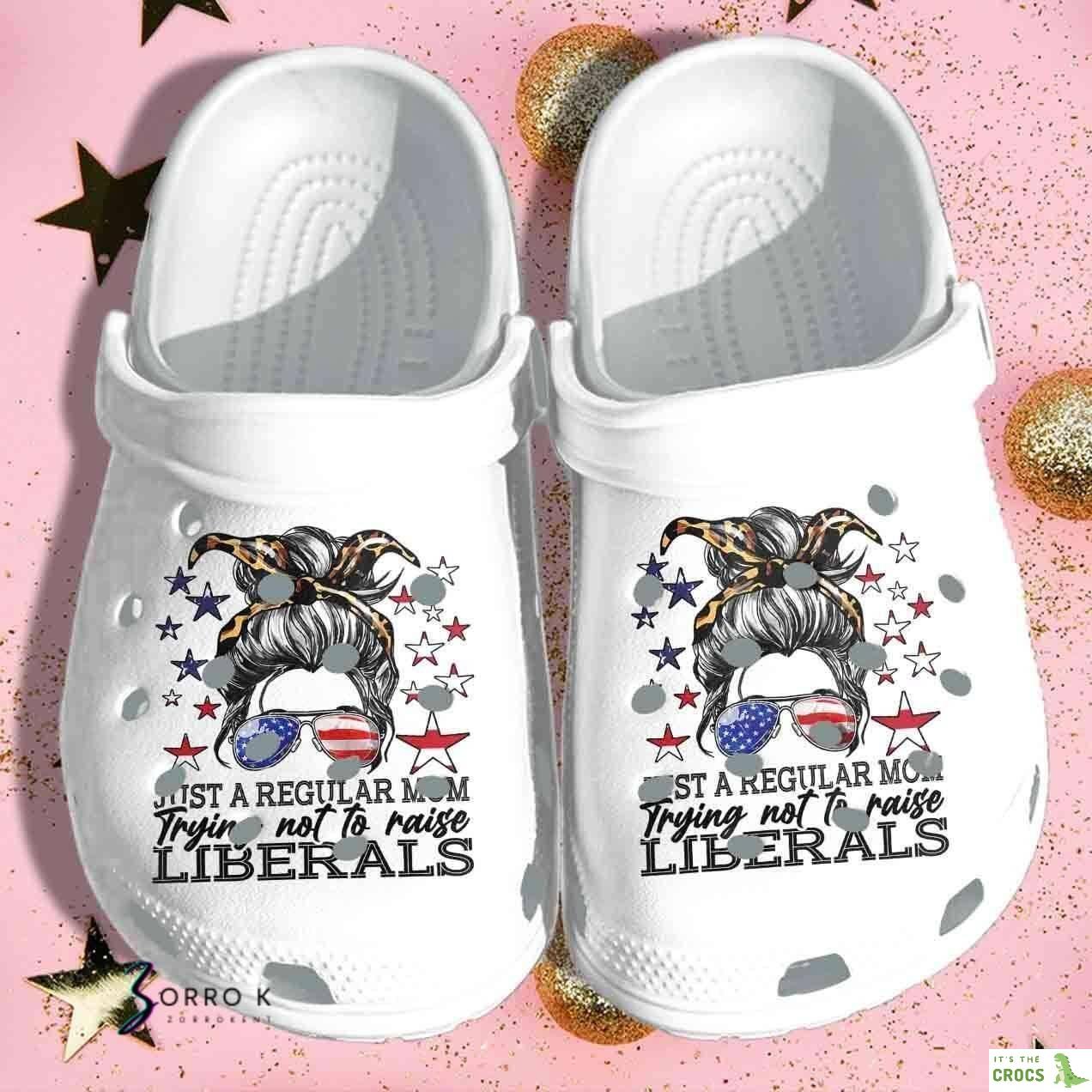 Leopard Woman Messy Buns Just A Regular Mom Usa Flag 4Th Of July Crocband Clogs