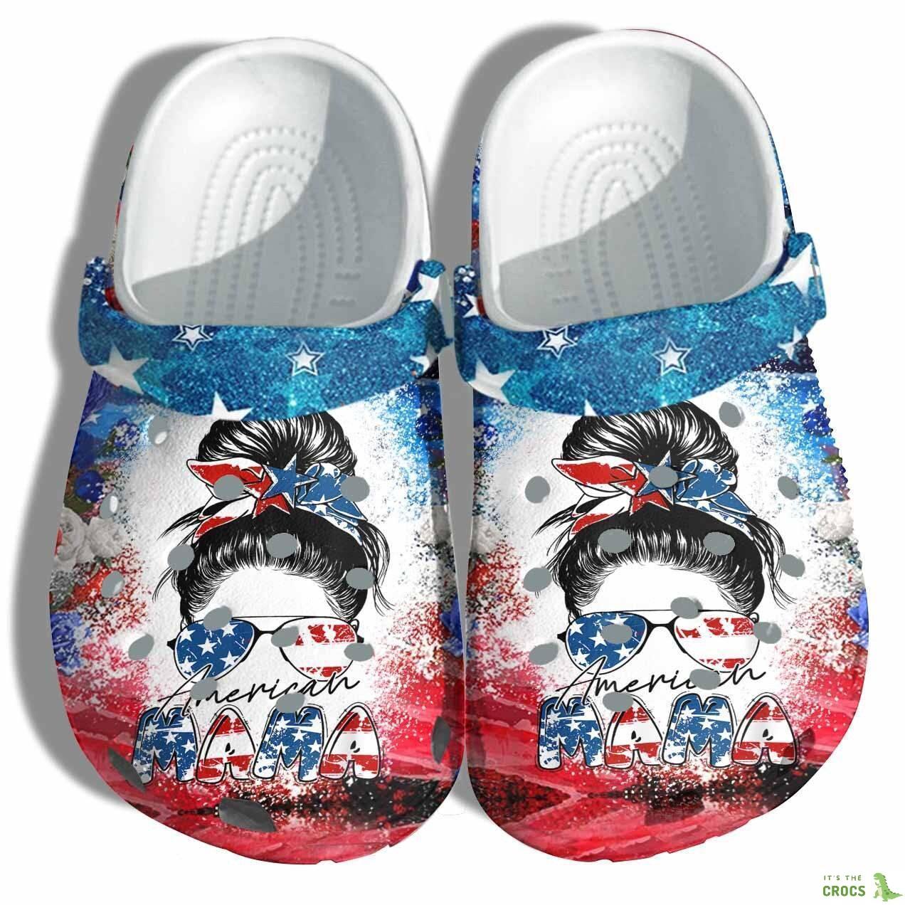 Mama America 4Th Of July Crocs Clog Shoes Gift Women – Messy Bun Lady Mom America Flag Twinkle Mother Crocs Clog Shoes Thanksgiving Gift