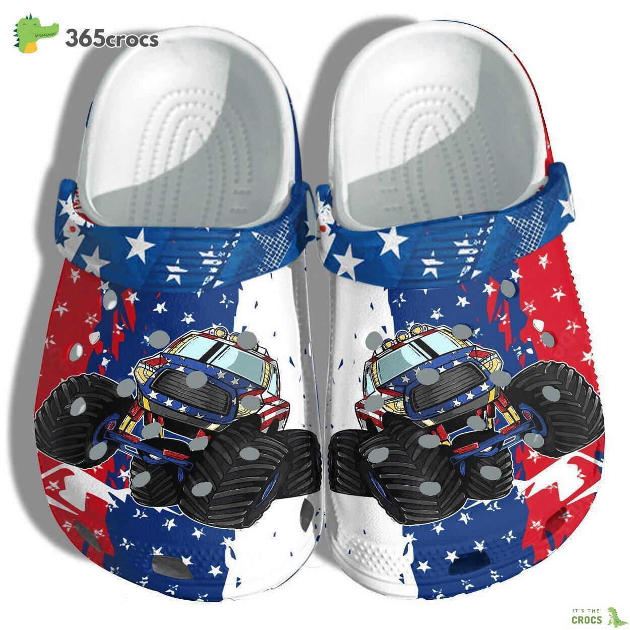 Monster Truck 4th July Celebration Clog Shoes Kids Adventure Birthday Gift