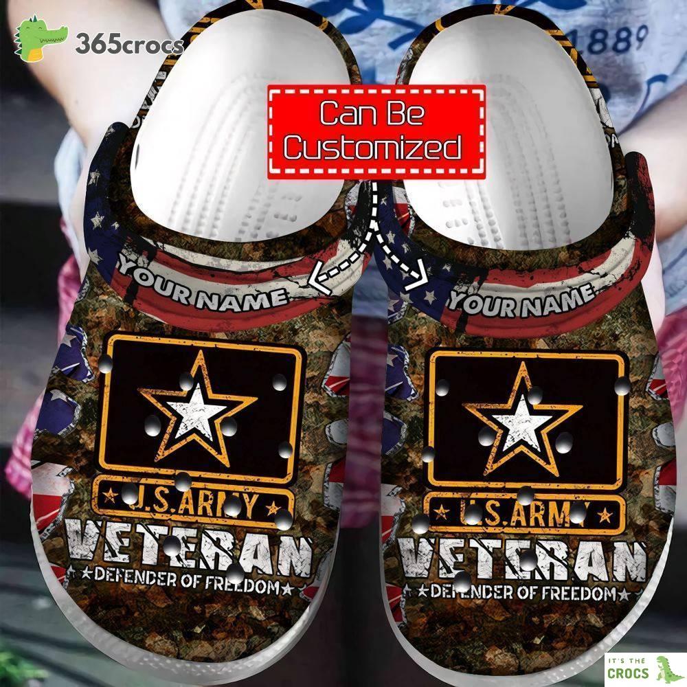 Personalized Veteran U.S. Army Veteran Defender Of Freedom Band Crocs Clog Shoes