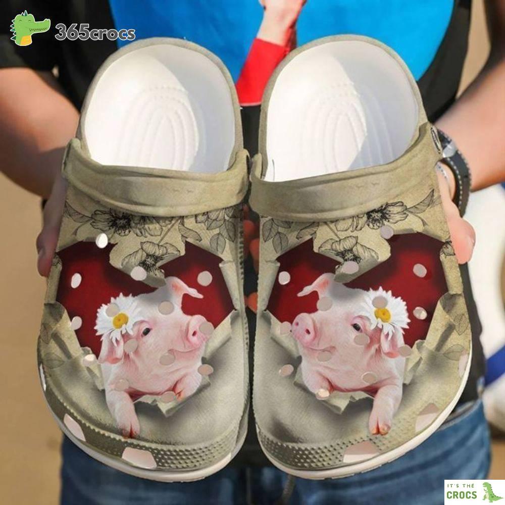 Pig Daisy Flower On Head Croc Pig Red Heart Happy Valentine’s Day Pig Lovers Farm Animals Lovers Crocs Clog Shoes
