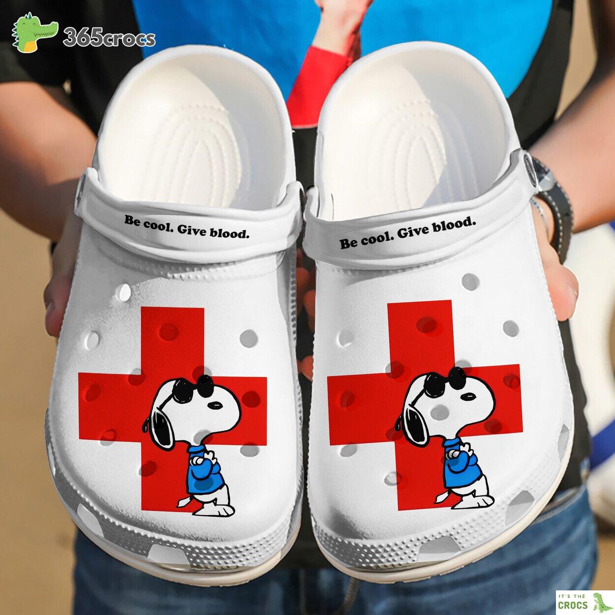 Red Cross Be Cool Give Blood Snoopy Custom Name White Clogs Shoes