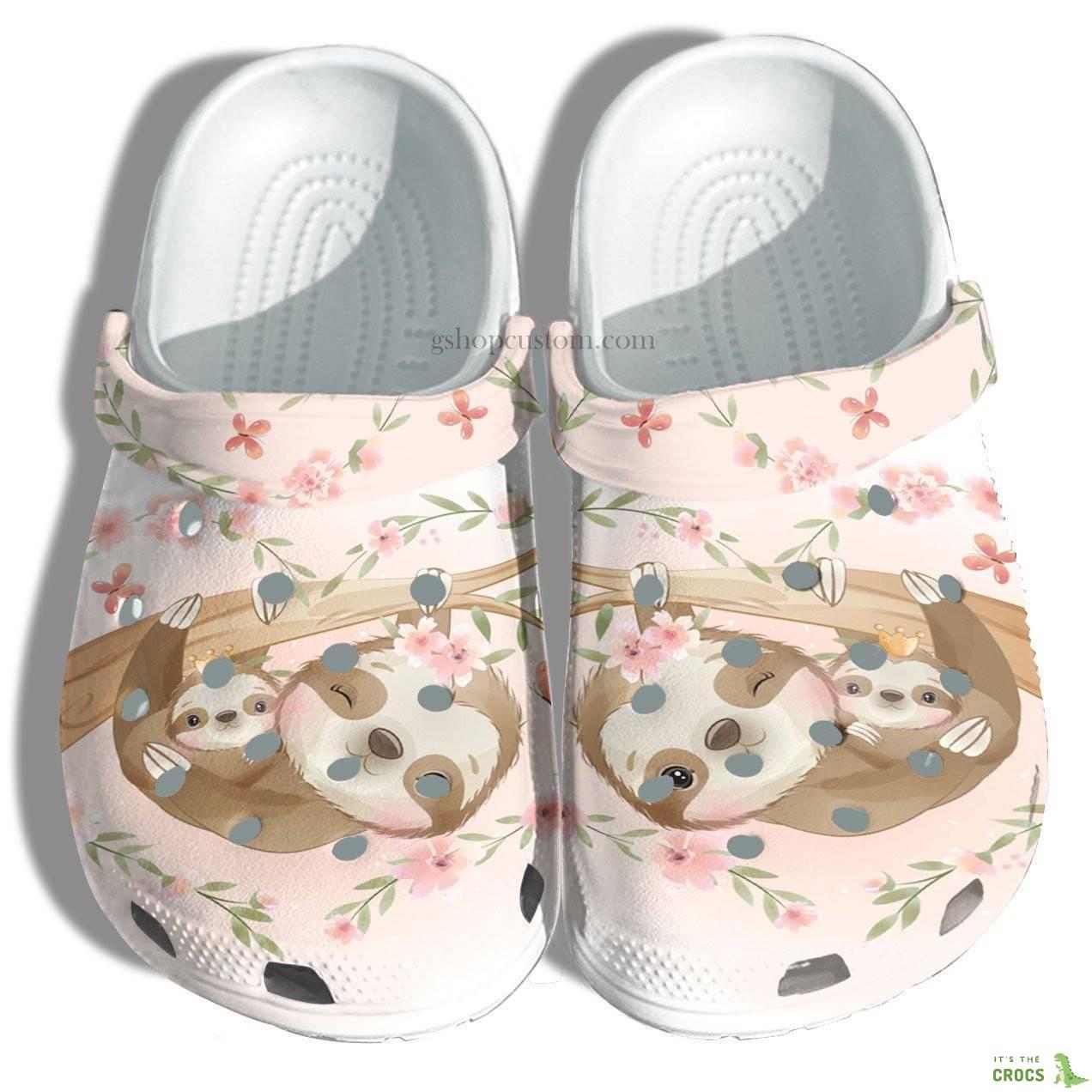 Sloth Mom Flower Cute Crocs Shoes – Sloth Kid Mom Beach Shoes Croc Clogs