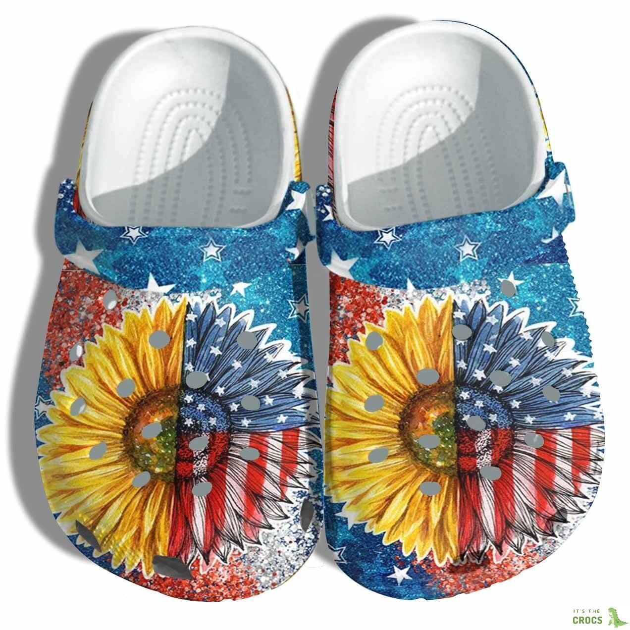 Sunflower America Flag Croc Shoes Gift Women – Sunflower 4Th Of July Twinkle Crocs Shoes Birthday Gift