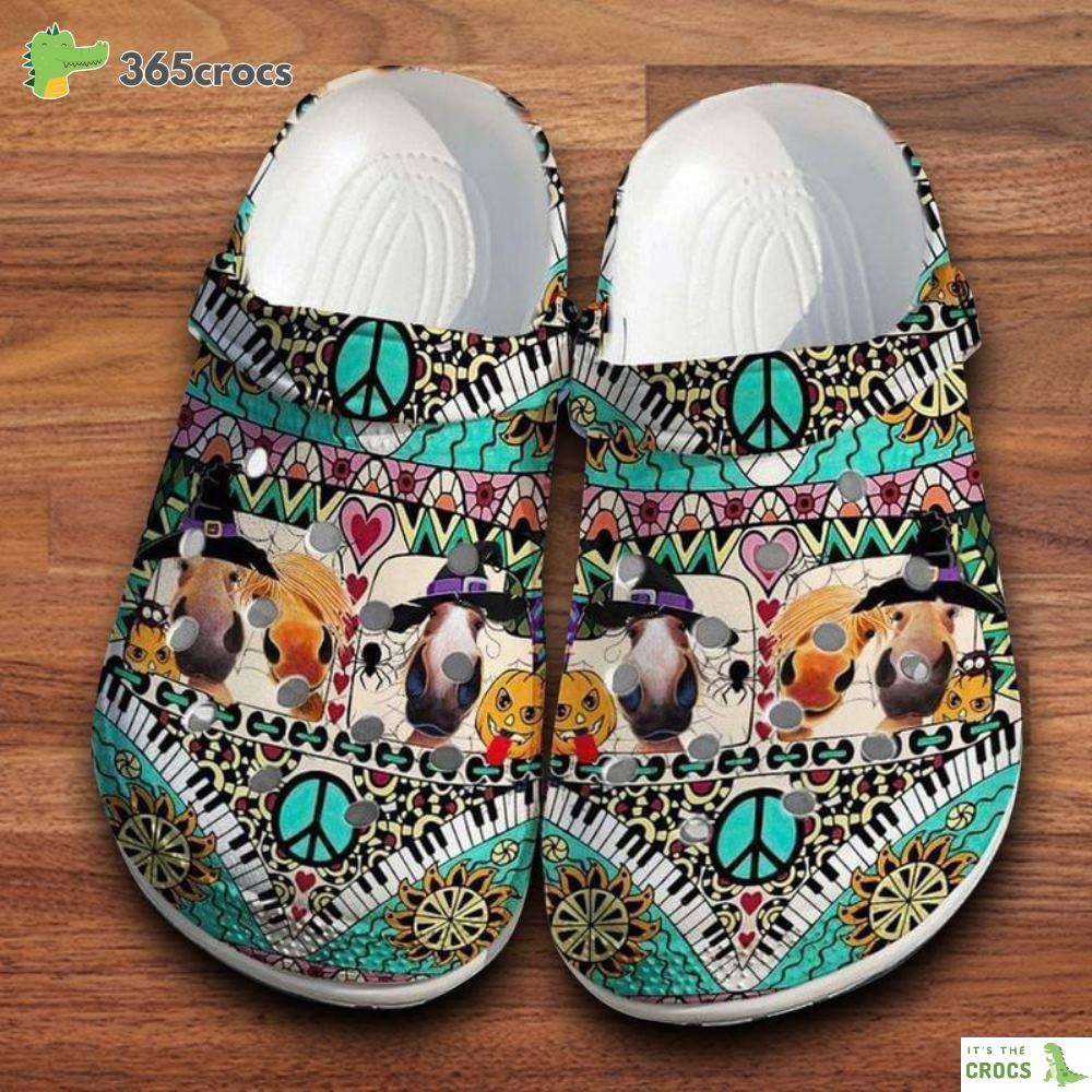 Witch Cows Hippie Croc, Halloween Cows Croc, Peace Sign Croc, Classic Clog, For Mom & Dad Crocs Clog Shoes