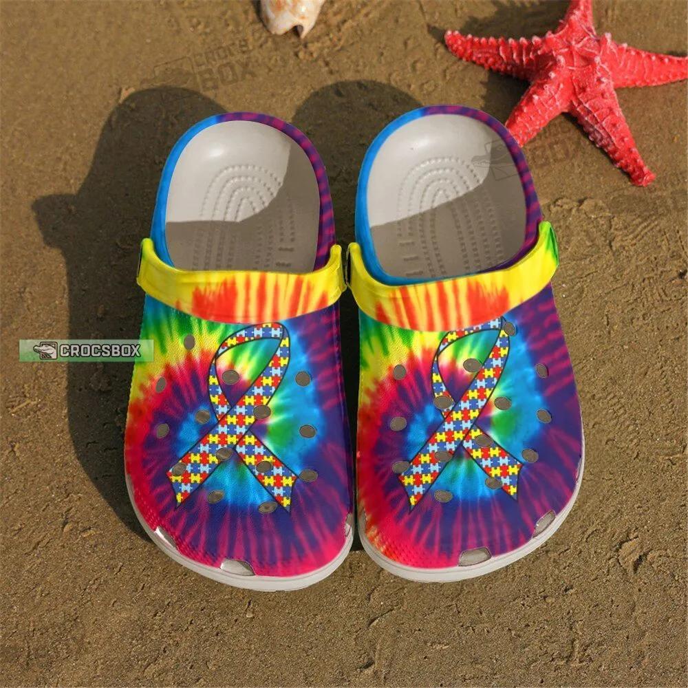 Autism Awareness Ribbon Tie Dye Rainbow Crocs Shoes