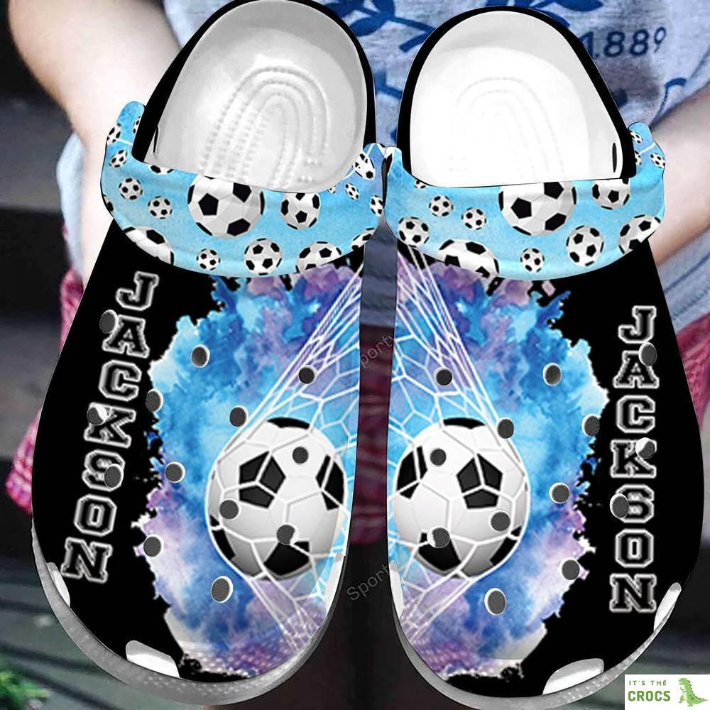 Custom Name Soccer Ball In The Goal Net Black Blue Clogs Shoes