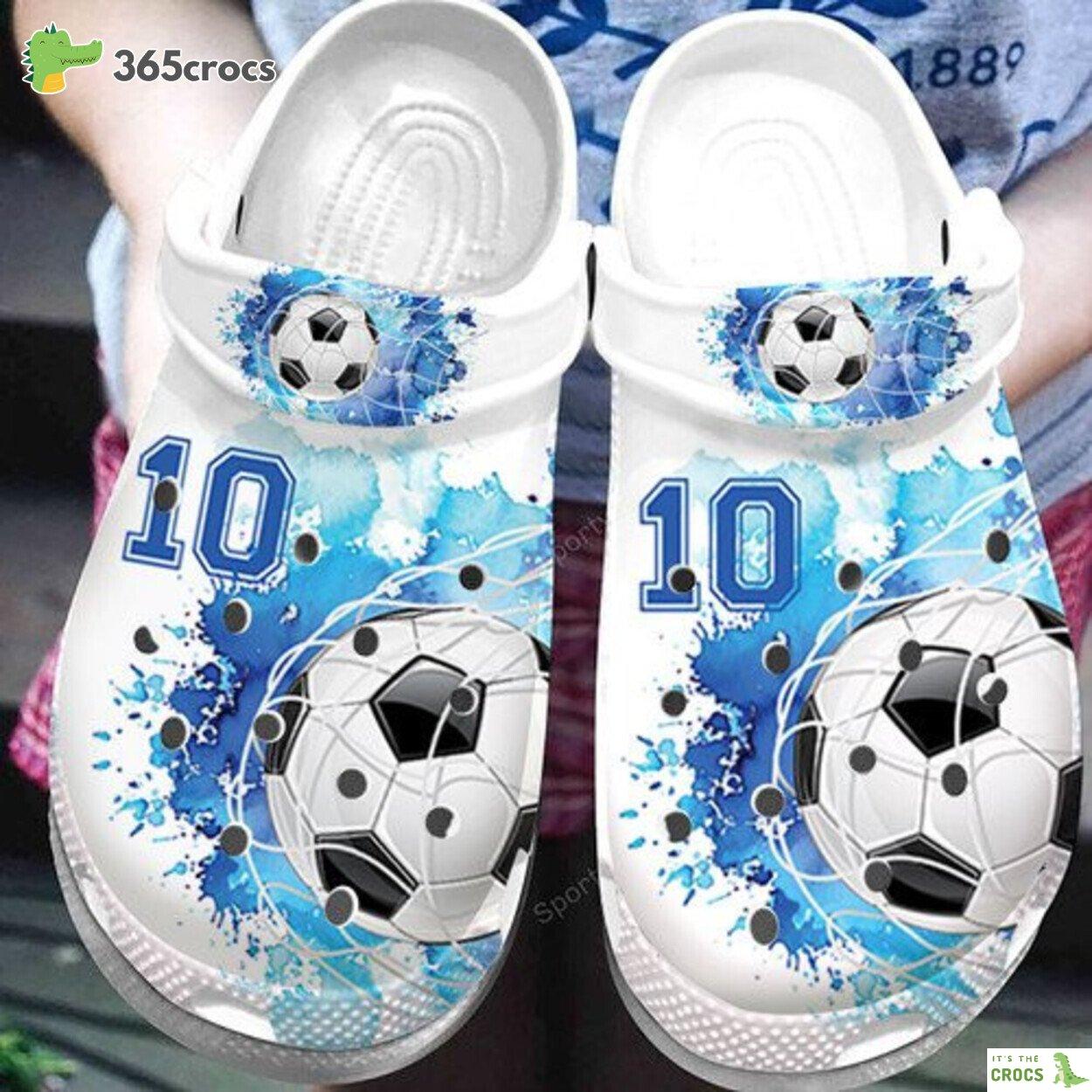 Custom Number Soccer Goal Blue White Watercolor Clogs Shoes