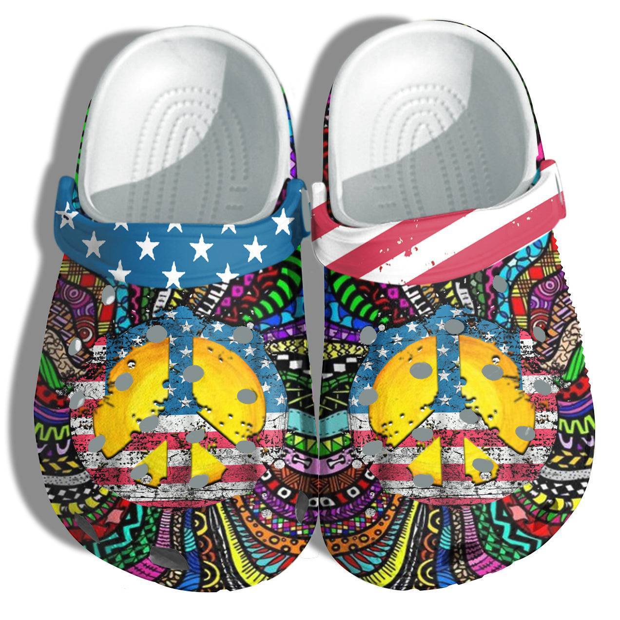 Hippie Peace Sign America Flag Crocs Clog Shoes Gift Women – Tie Dye Sun 4Th Of July Crocs Clog Shoes Birthday Gift