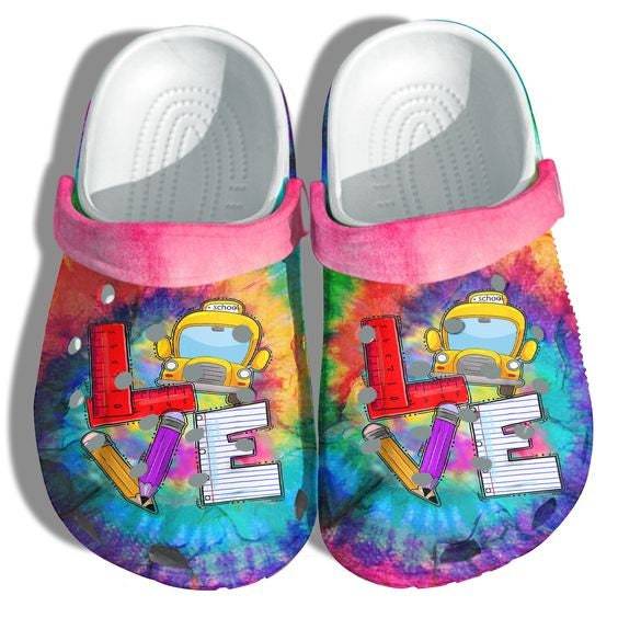 Hippie Tie Dye Bus School Love Croc Shoes Gift Birthday Daughter Teacher, Love Sign Back To School Crocs Shoes Gift Son
