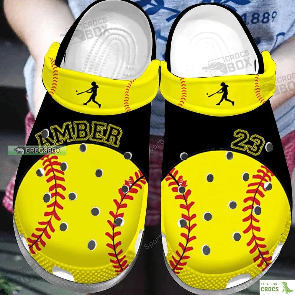 Personalized Name And Number Softball Player Black Yellow Crocs Shoes