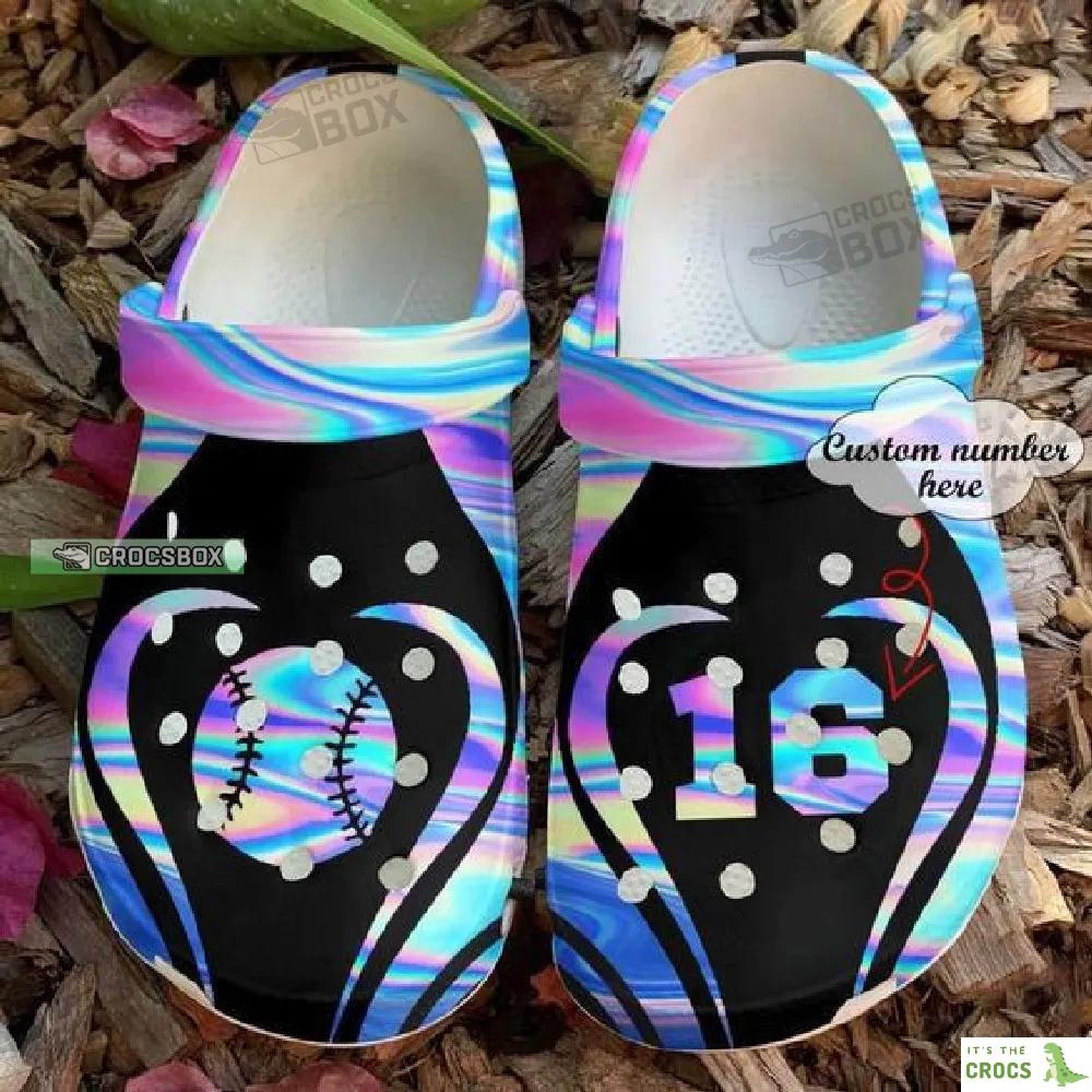 Personalized Number Love Softball Holographic Crocs Shoes