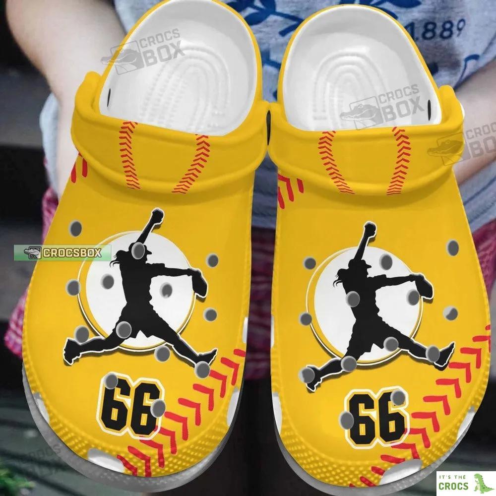 Personalized Number Pitching Softball Player Yellow Crocs Shoes