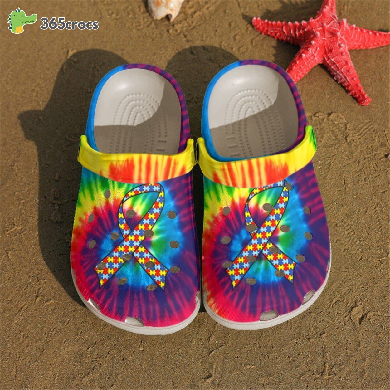 Ribbon Tie Dye Color Celebrating Autism Awareness on Classic Clog Shoes