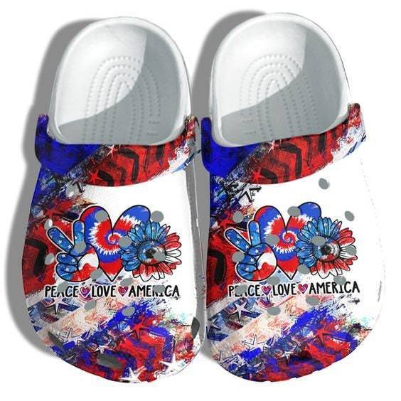 Sunflower Peace Love America Flag Croc Shoes Gift Women, Hippie Tie Dye Heart 4Th Of July Crocs Shoes Gift Army Girl